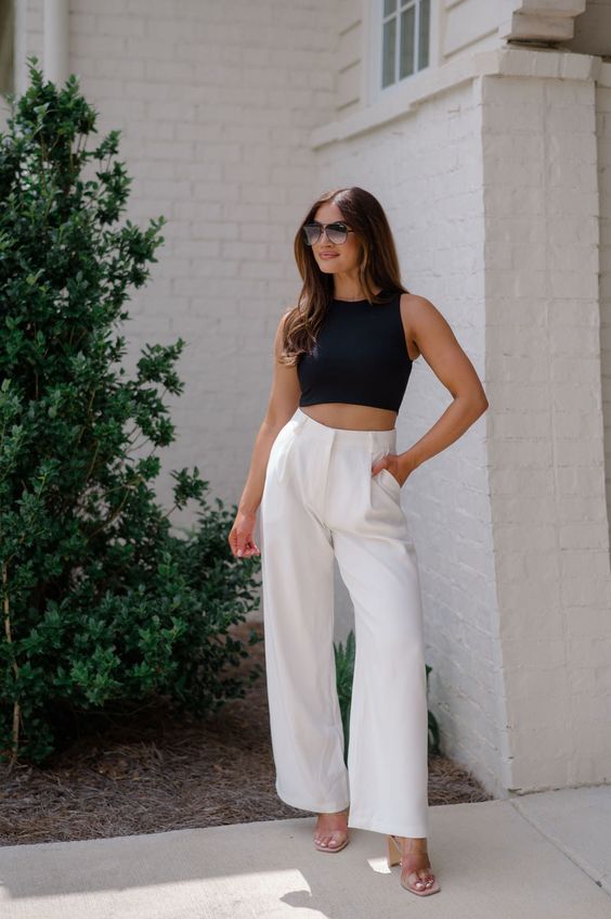 White Wide-Leg Pants and Transparent Heels